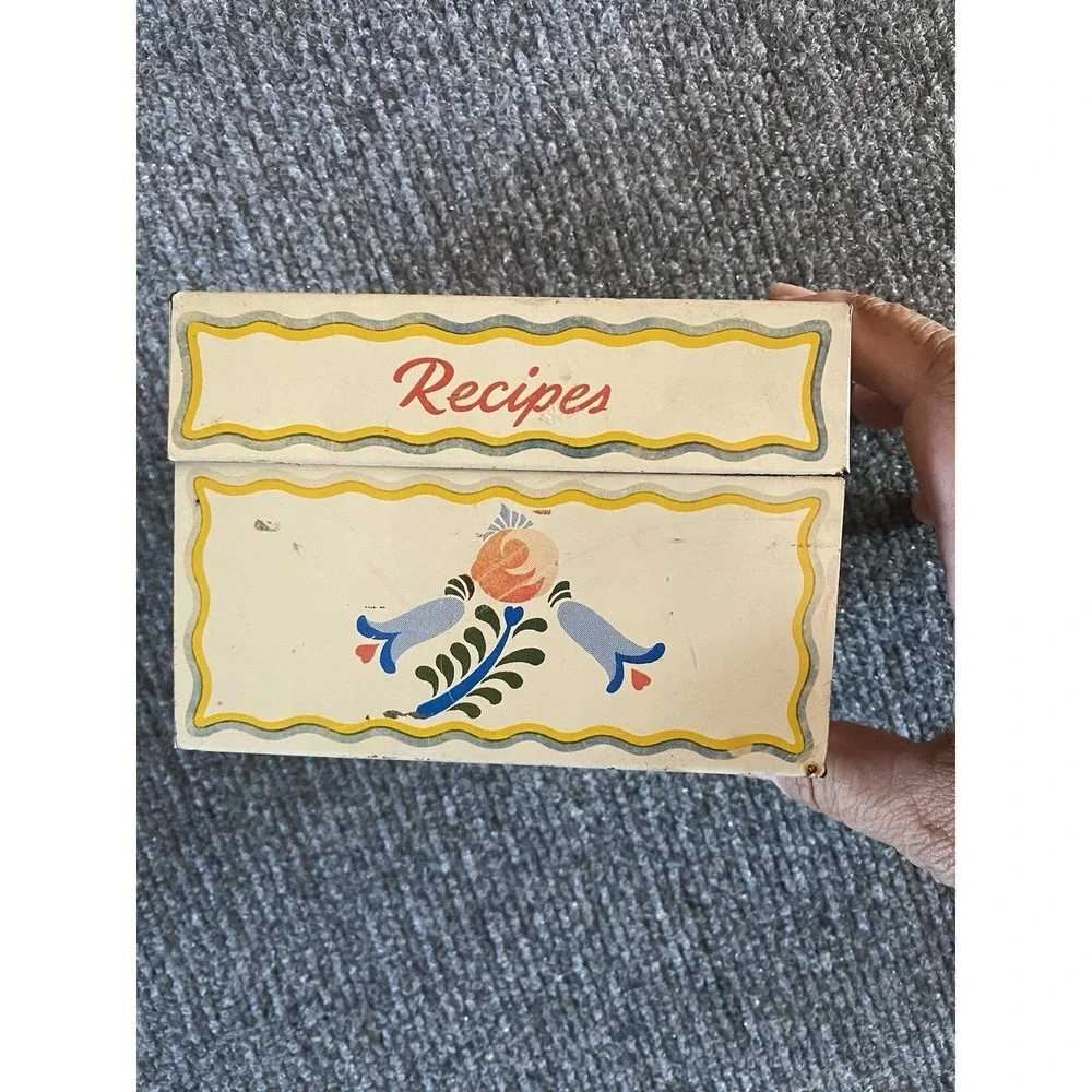Vintage Tin Recipe Card Holder Box And Card Holder  Yellow Green Blue